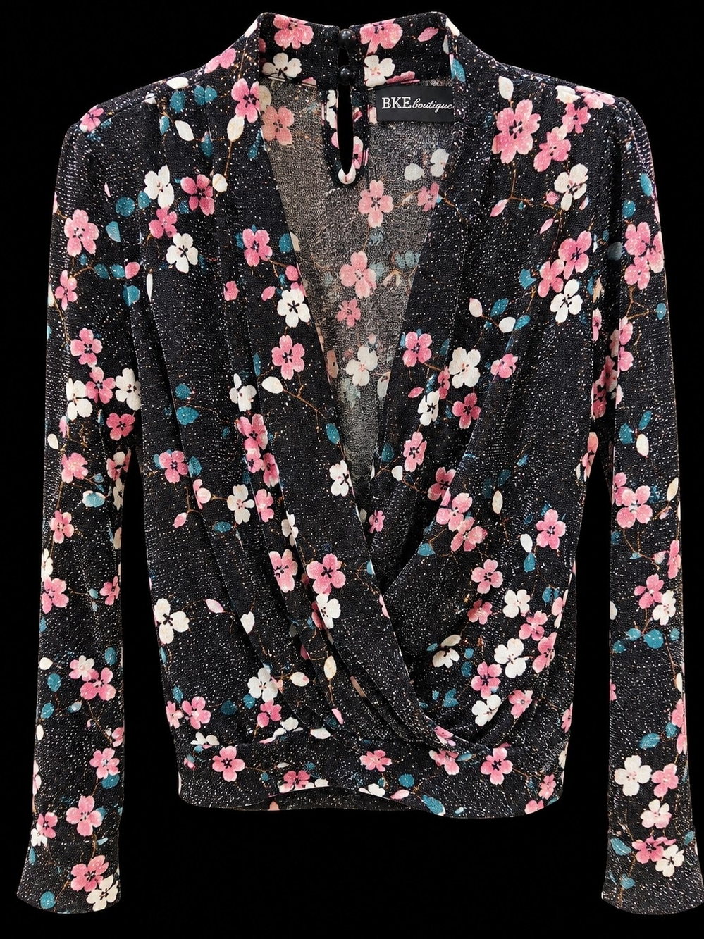 BKE Black Floral Long-Sleeve Wrap Top with Pink, White & Teal Flowers